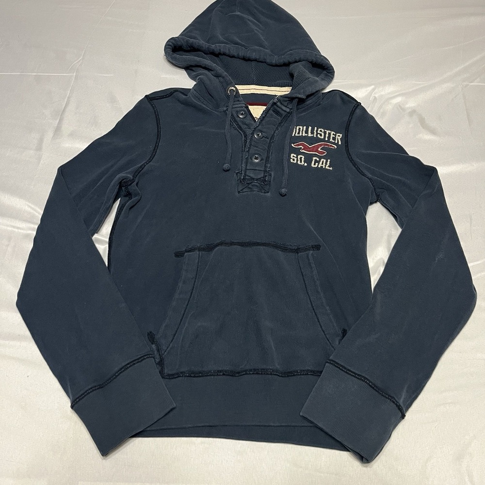 Y2K Hollister Henley Hoodie Men's Small Navy Blue Pullover Sweatshirt